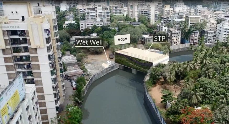 Rendered view of the decentralised sewage treatment plant spanning the Poisar River, with the wet well and MCGM STP structure between residential towers